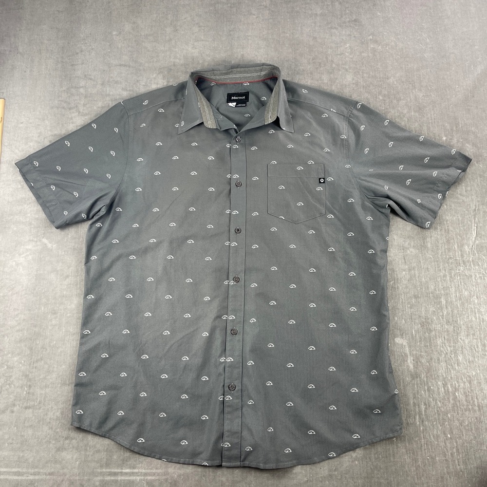 Marmot Mens XL Gray Short Sleeve Button Down Tent Print Hiking Shirt